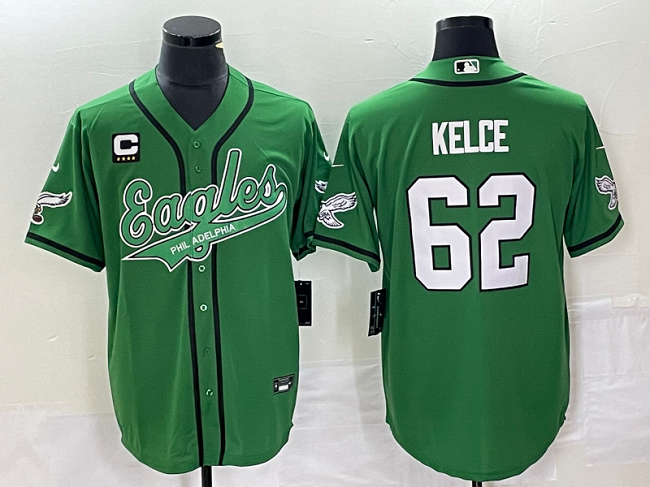 Men's Philadelphia Eagles #62 Jason Kelce Green With C Patch Cool Base Stitched Baseball Jersey Men's Philadelphia Eagles #62 Jason Kelce Green With C Patch Cool Base Stitched Baseball Jersey